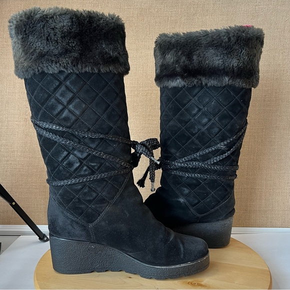 MARC JACOBS Black Quilted Suede Faux Fur Platform Wedge Tall Boots Size 39 - Picture 3 of 14